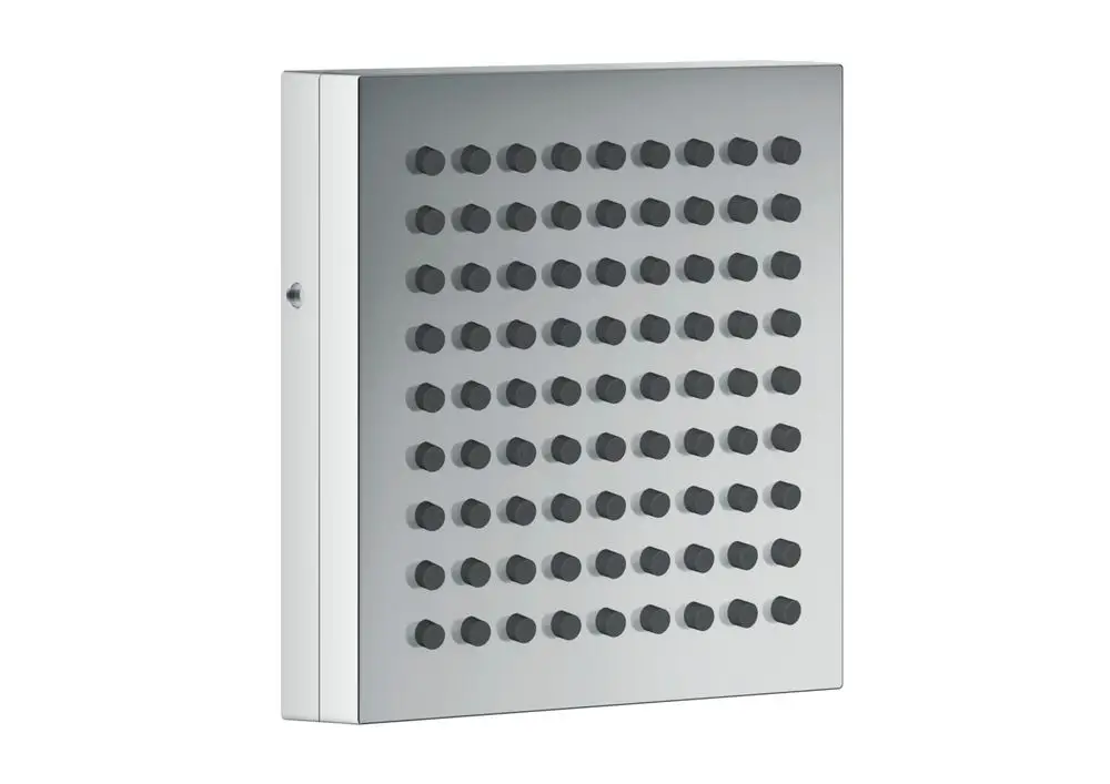 Kopfbrause in Chromoptik mit quadratischer Form, ausgestattet mit mehreren Düsen, um Wasser gleichmäßig zu verteilen. Produkt der Marke AXOR.